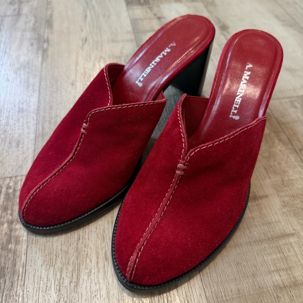A. Marinelli Women’s Shoes Red Leather Suede Mule 3” Heel Sz 7.5M Casual